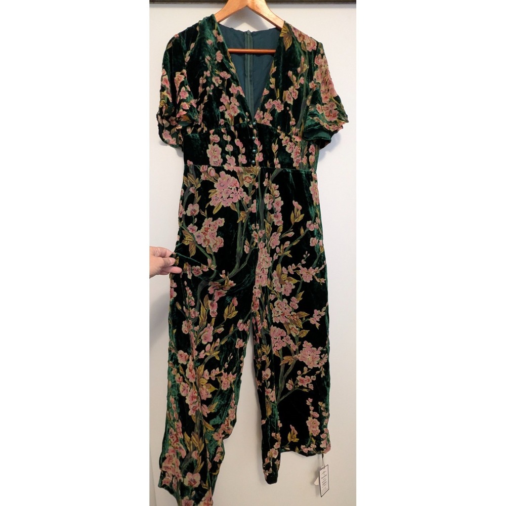 Retro Stage Floral Velvet Jumpsuit XL Green Pink Floral Wide Leg Vintage Inspire